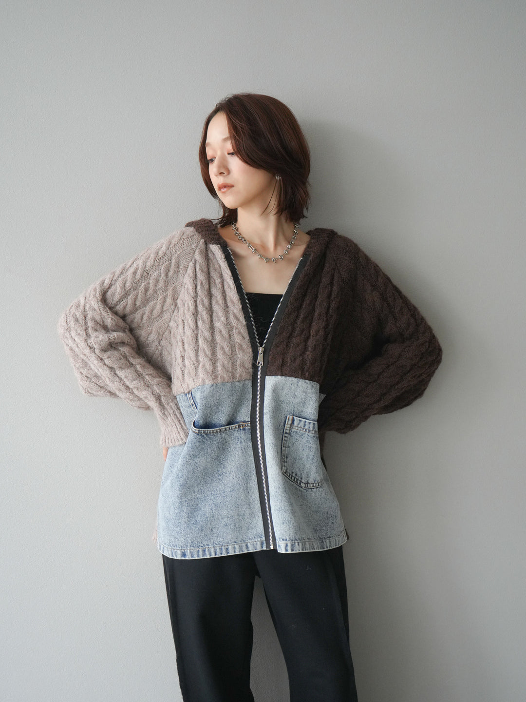 [予約]デニム×バイカラーニットZIPフーディ/brown