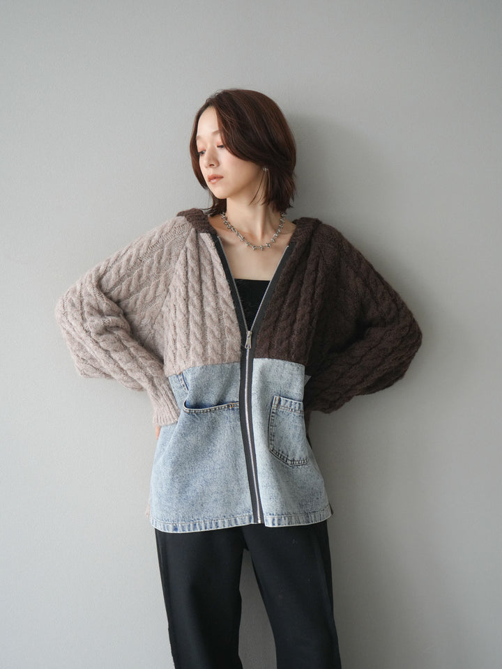 [予約]デニム×バイカラーニットZIPフーディ/brown