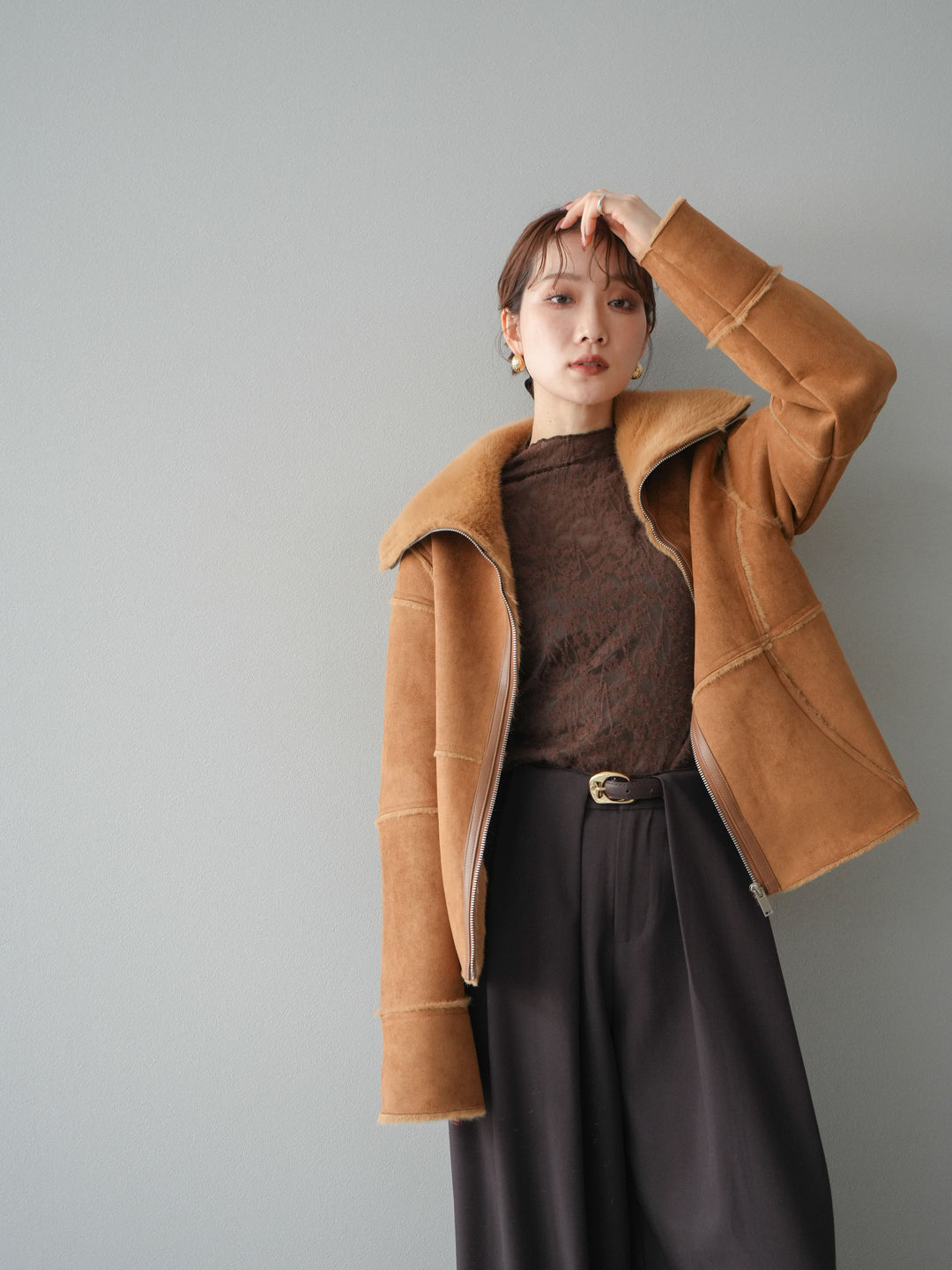 [予約]スタンドカラームートンZIPジャケット/camel