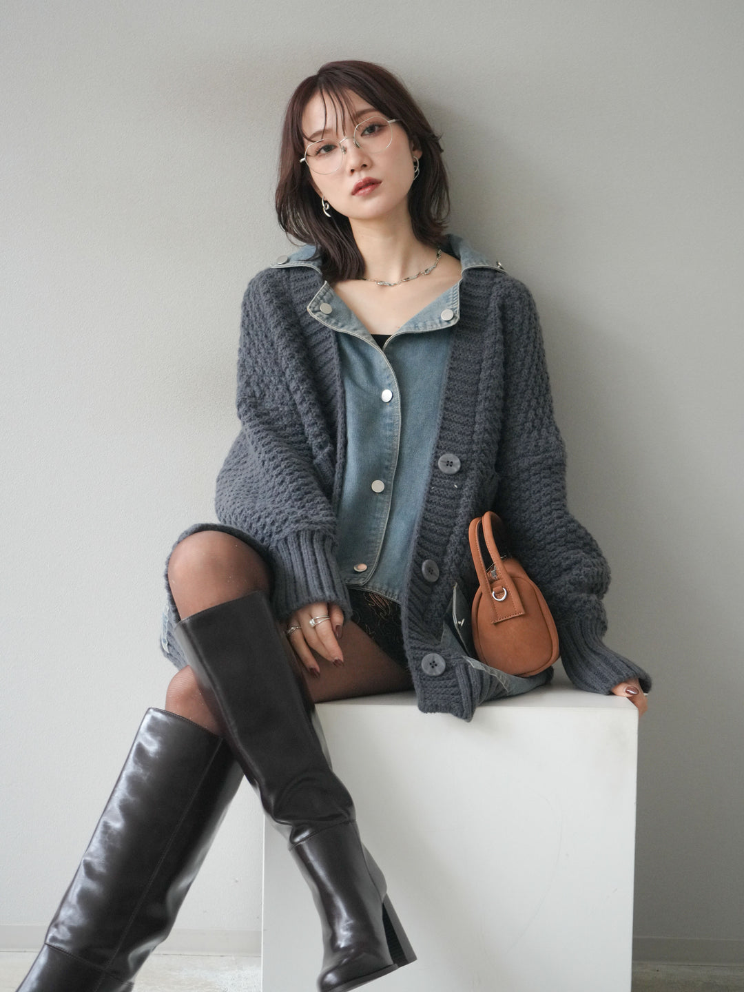 [予約]デニム襟レイヤードニットジャケット/gray