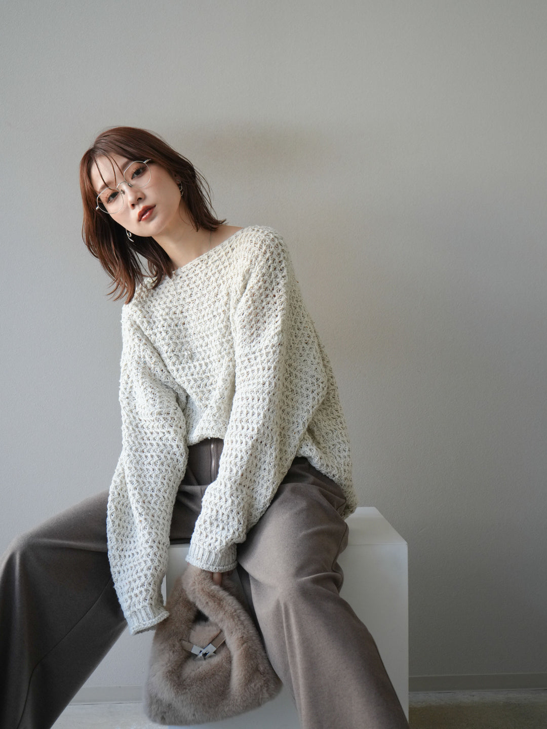 [予約]ネップ透かし編みオーバーニット/ivory