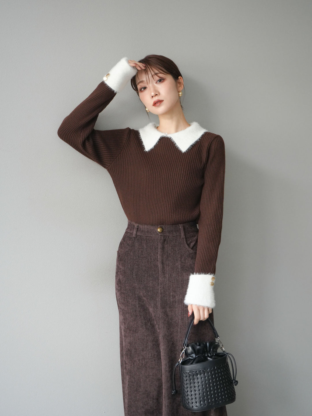 [SET]シャギー襟リブニットトップス+ベルベットマーメイドスカート(2set)