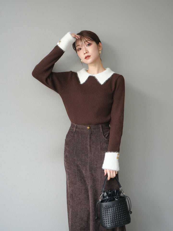 [SET]シャギー襟リブニットトップス+ベルベットマーメイドスカート(2set)