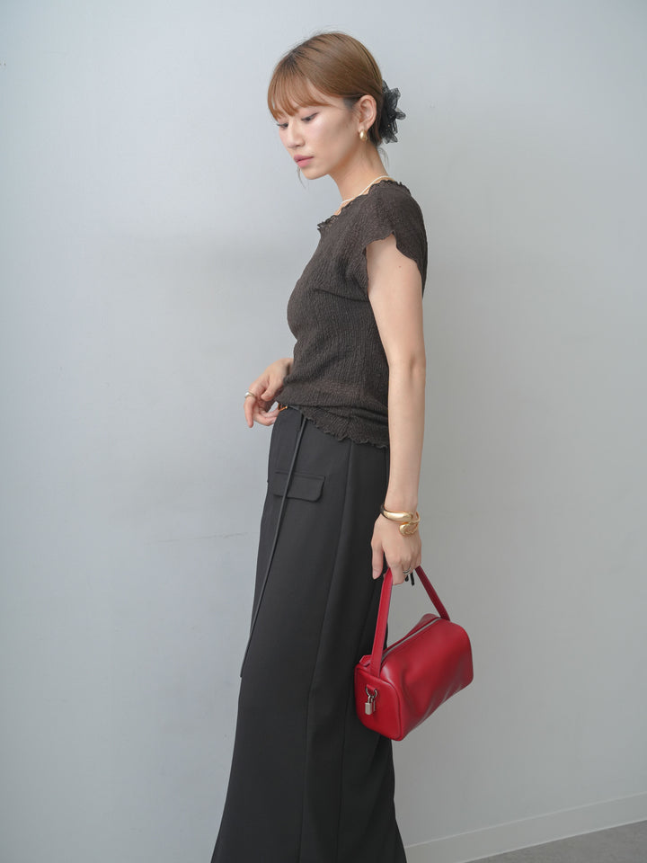 [SET]シャーリングシアーバックオープンフレンチトップス+クレープデシンフラップ付きストレートスカート(2set)