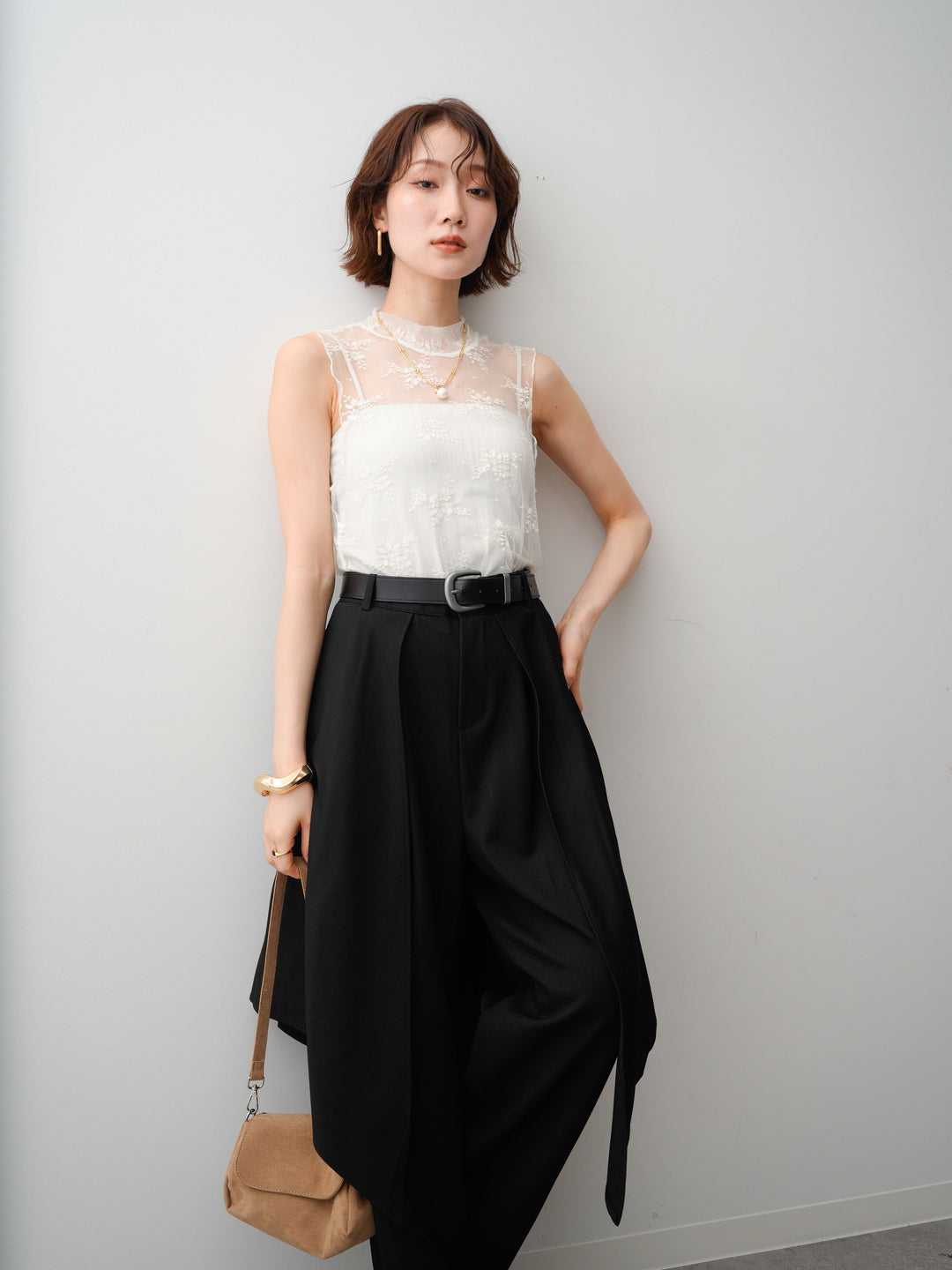 【套裝】透視彈性蕾絲無袖上衣+垂褶層疊喇叭闊腿褲（兩件套）