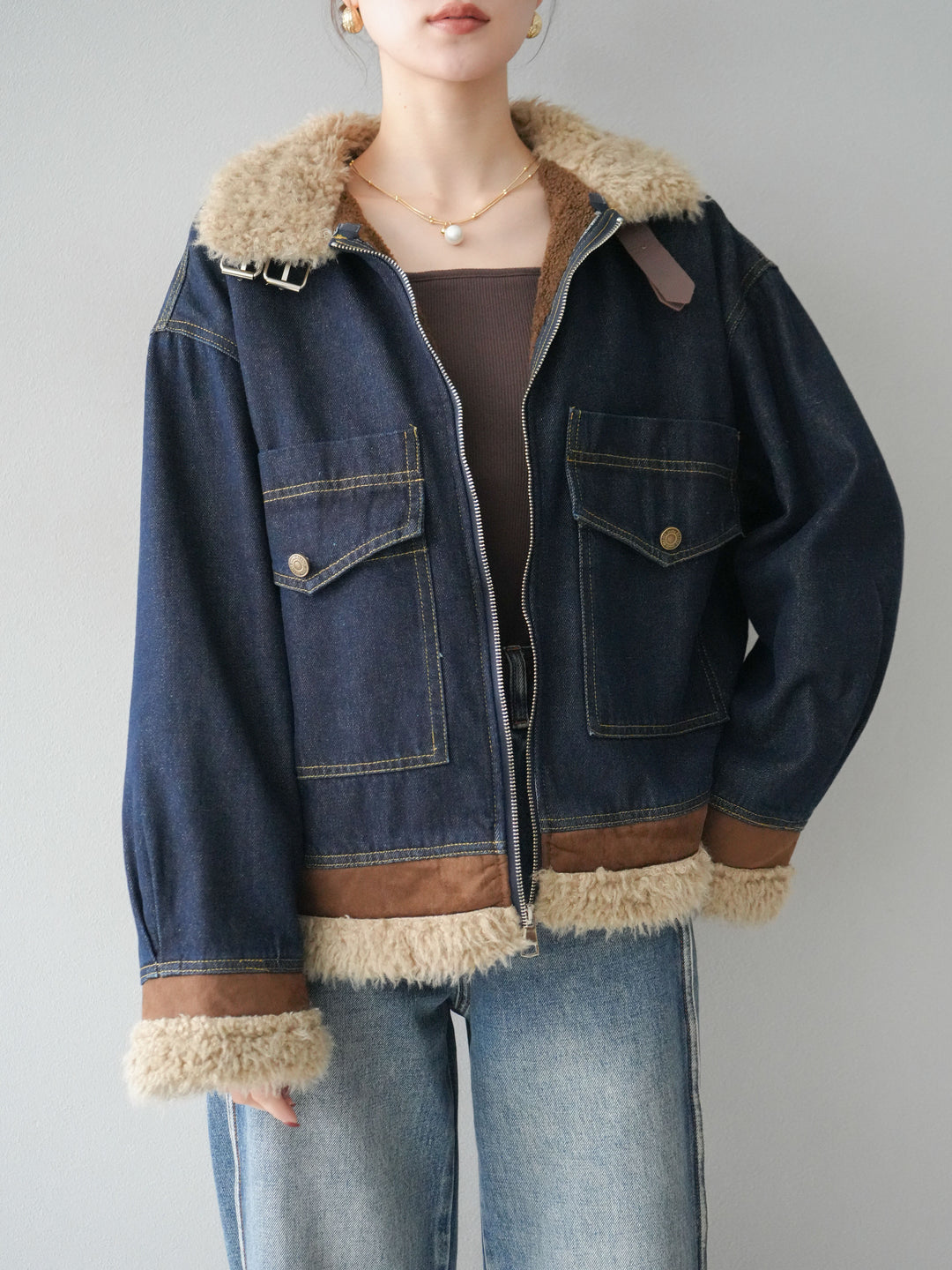 [予約]スタンドカラーファー×デニムジャケット/indigo