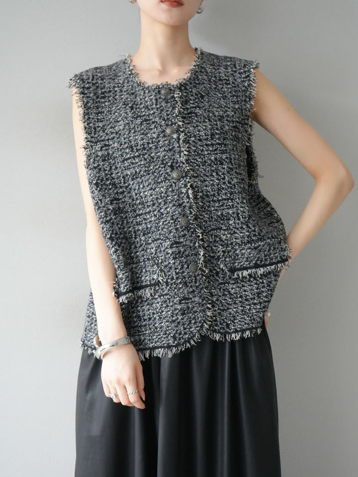 [予約]ミックスツイードフリンジニットベスト/ブラック