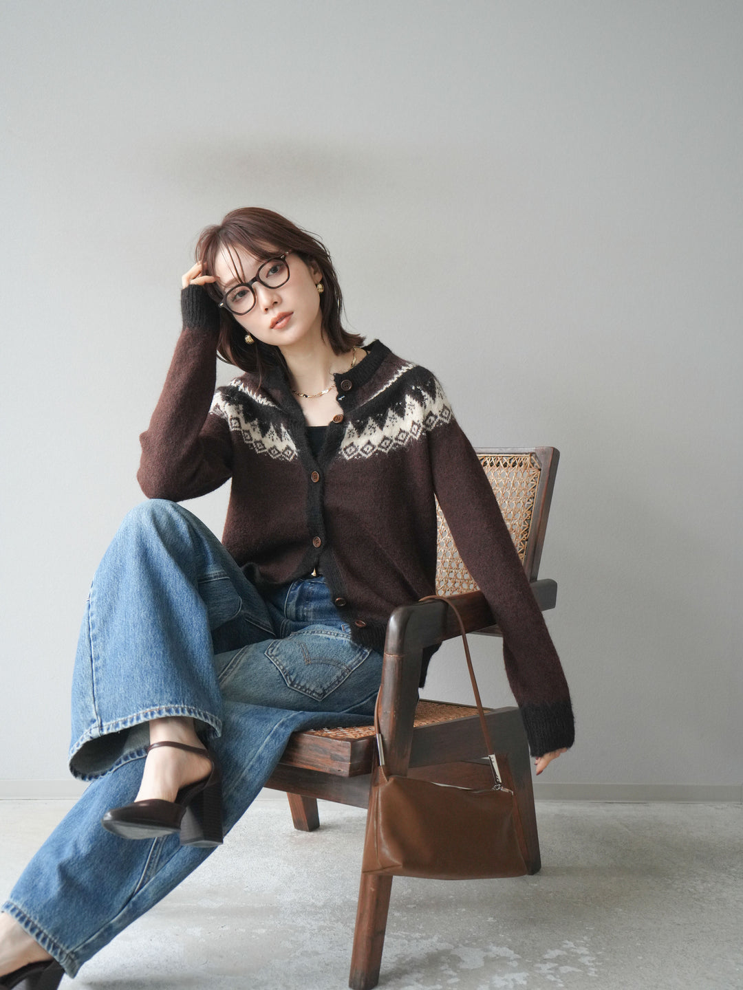 [SET]ノルディック柄ニットカーディガン+ペインターカーブデニムパンツ(2set)