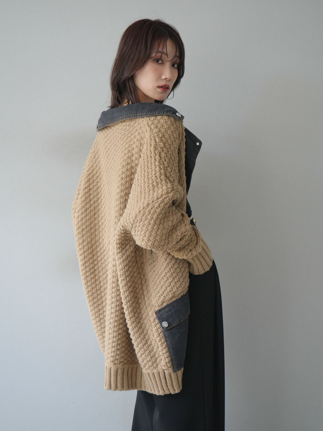 [SET]デニム襟レイヤードニットジャケット+デニム襟レイヤードニットジャケット(2set)
