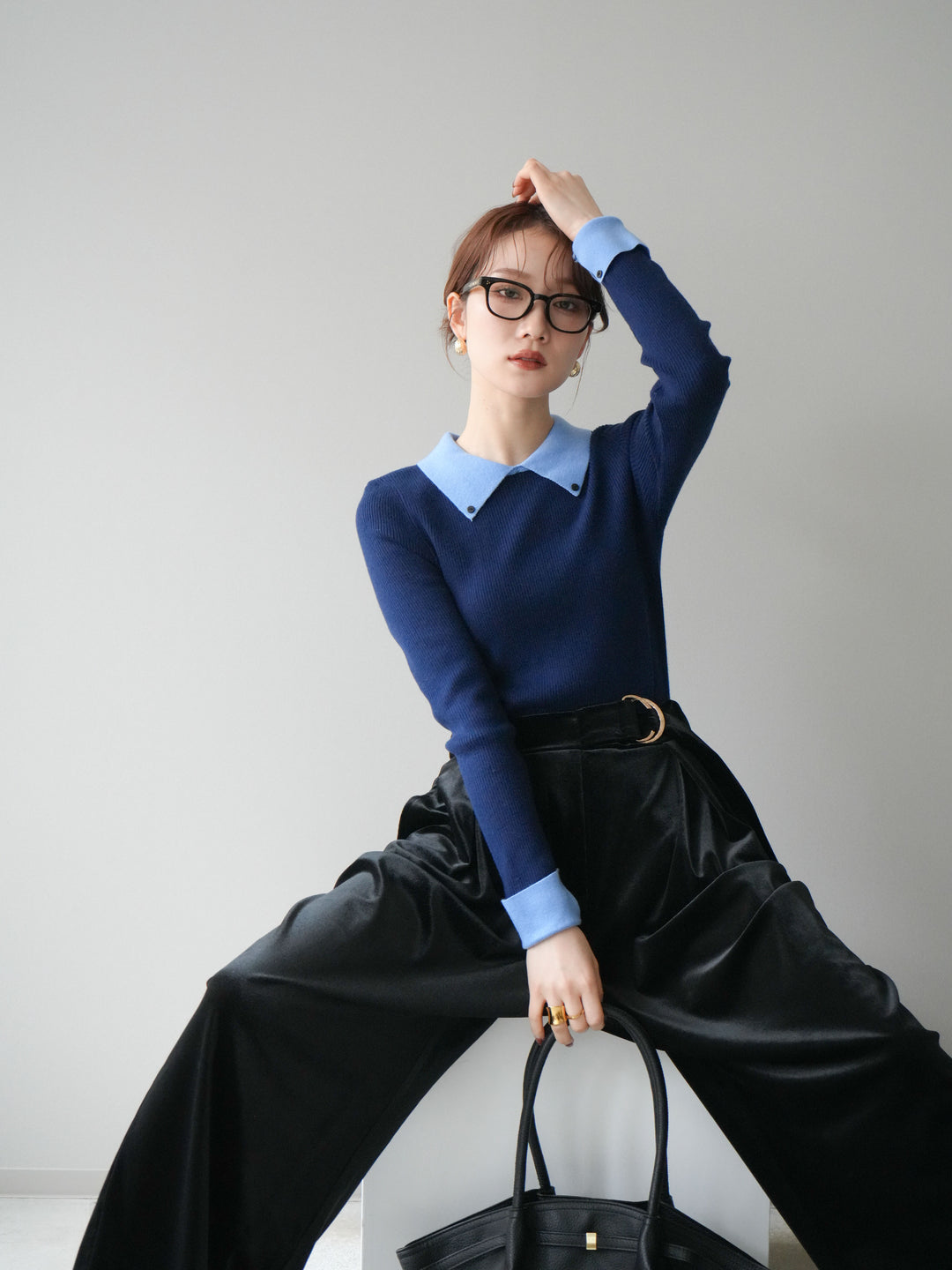 [予約]ニットカフス襟付き配色リブニットトップス/navy