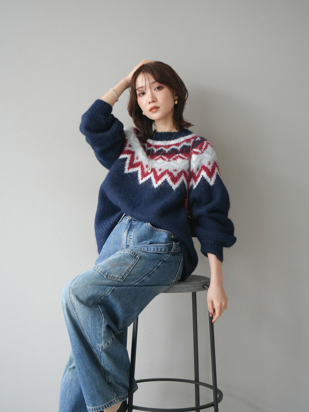 [SET]求心柄オーバーニットプルオーバー+ペインターカーブデニムパンツ(2set)