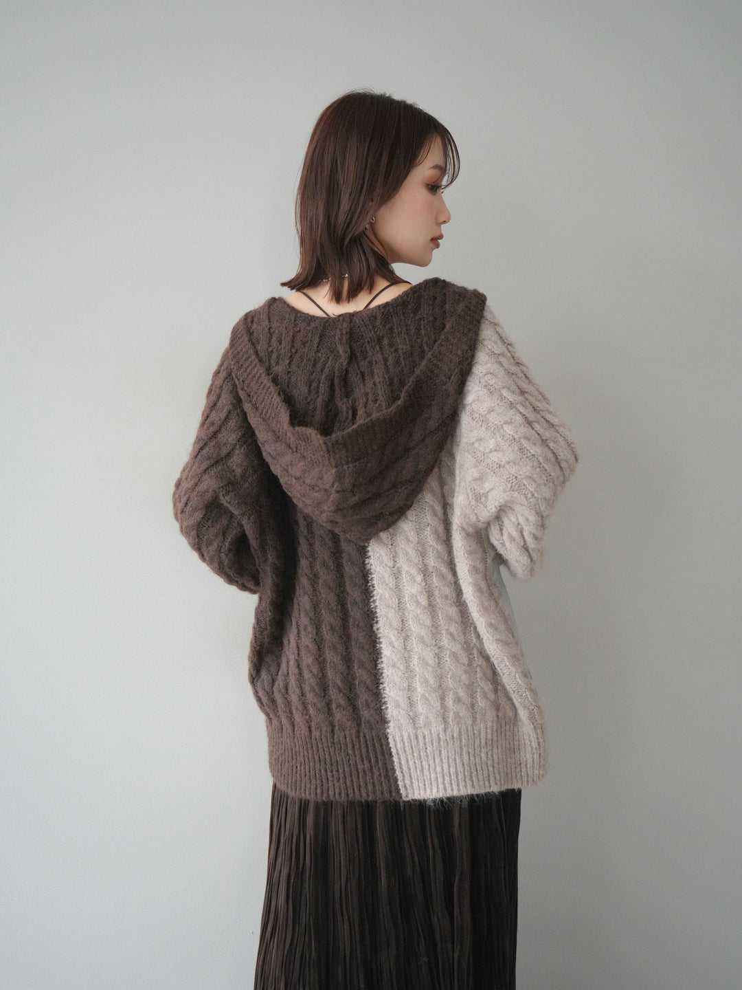 [予約]デニム×バイカラーニットZIPフーディ/brown