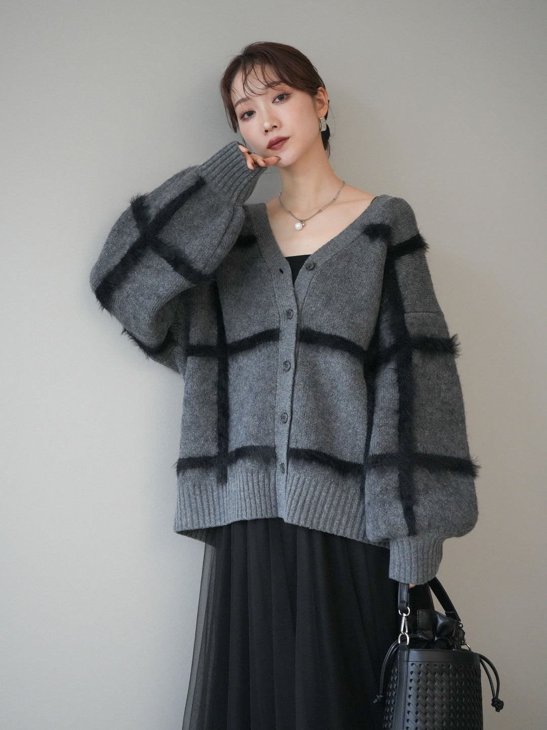 [予約]ミックスシャギーチェックカーディガン/charcoal