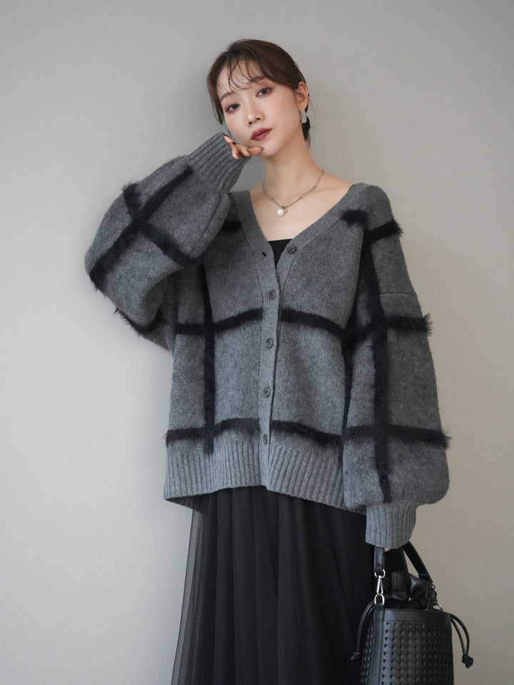 [予約]ミックスシャギーチェックカーディガン/charcoal