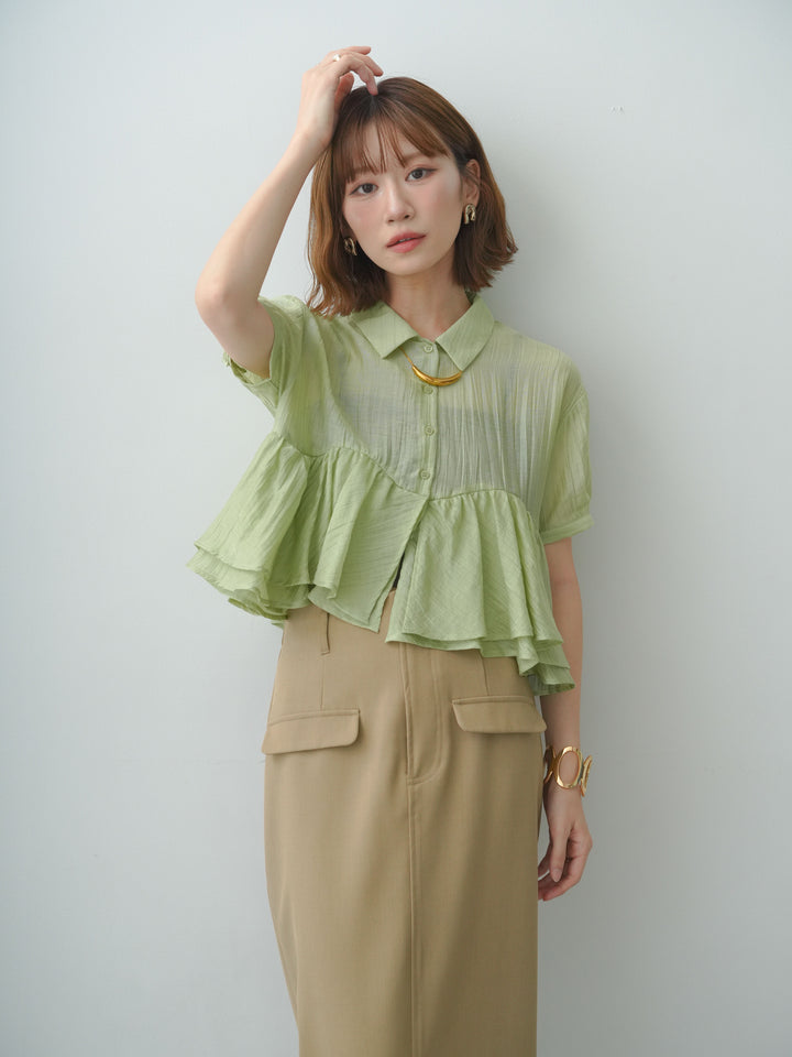 [SET]楊柳ペプラムシアーハーフシャツ+クレープデシンフラップ付きストレートスカート(2set)