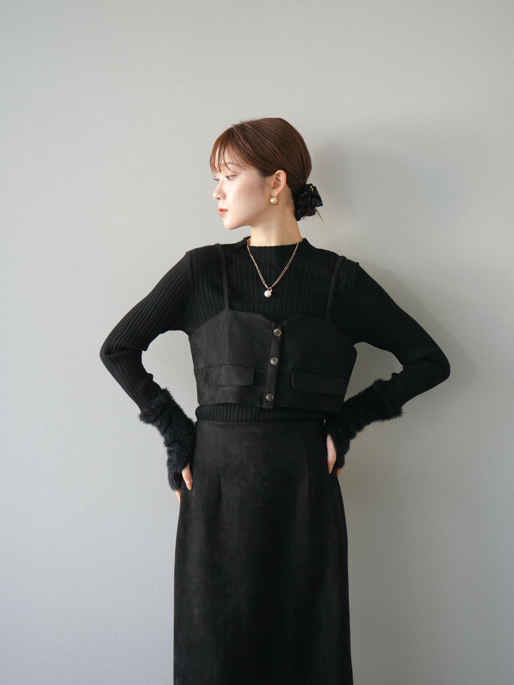 [SET]スウェードビスチェ+アームシャギーランダムリブニットトップス+スウェードIラインスカート(3set)