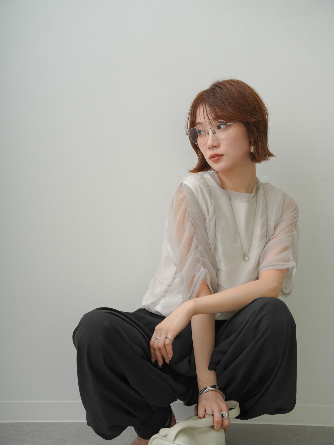 [予約]シアーレイヤードギャザー半袖トップス/white