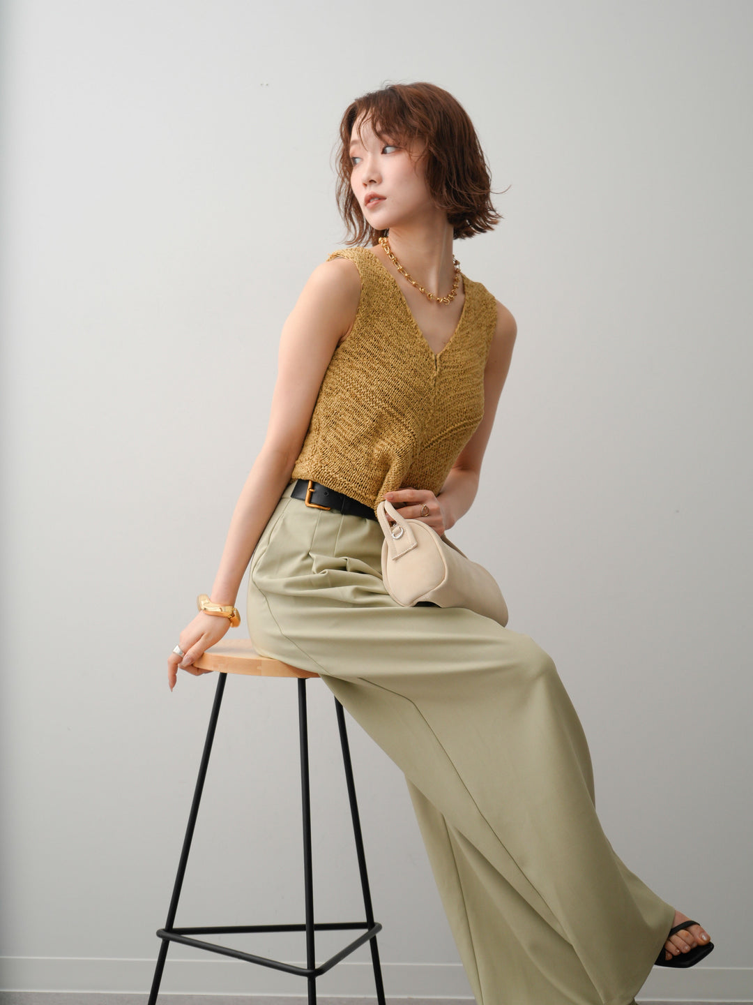 [予約]テープヤーンVネックニットトップス/khaki