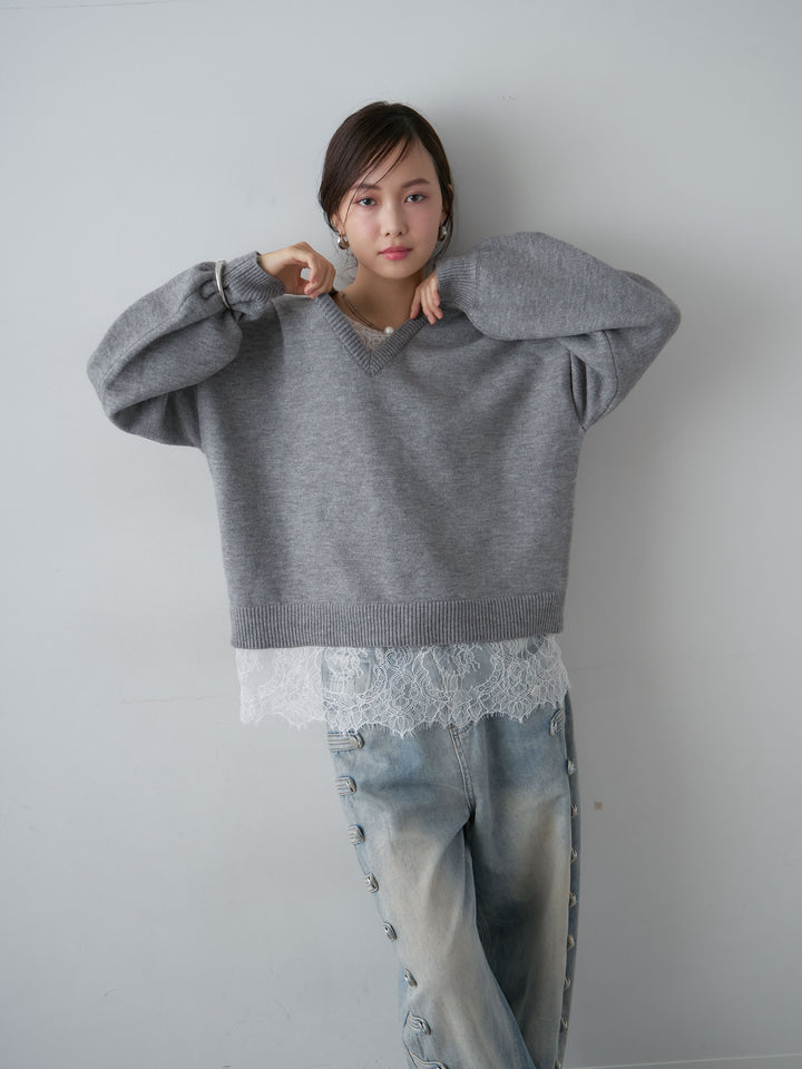 [予約]アルパカタッチレースドッキングVネックニットトップス/mokugray