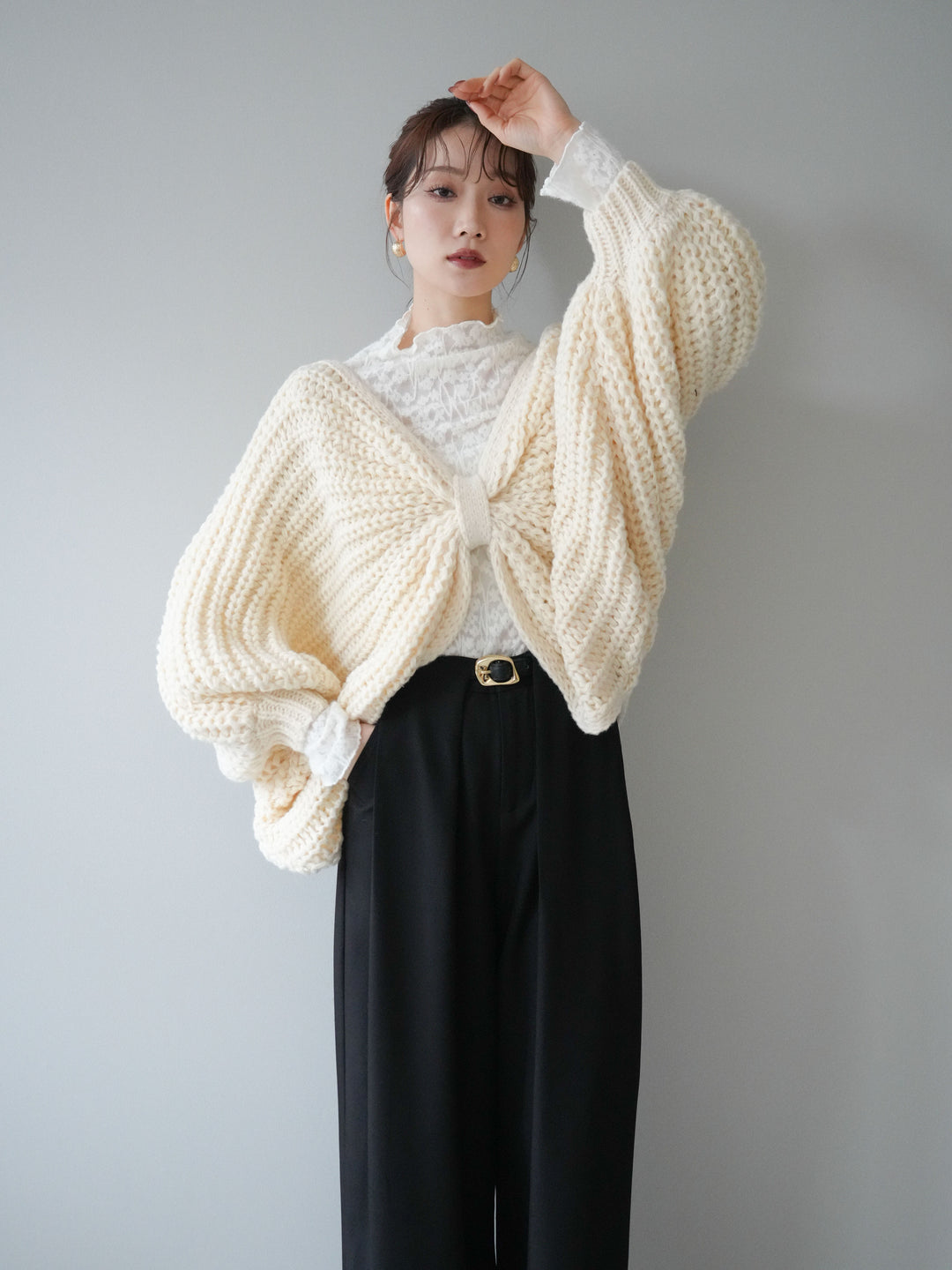 [SET]ローゲージ畦編みドルマンニットボレロ+起毛レースプチネックトップス(2set)