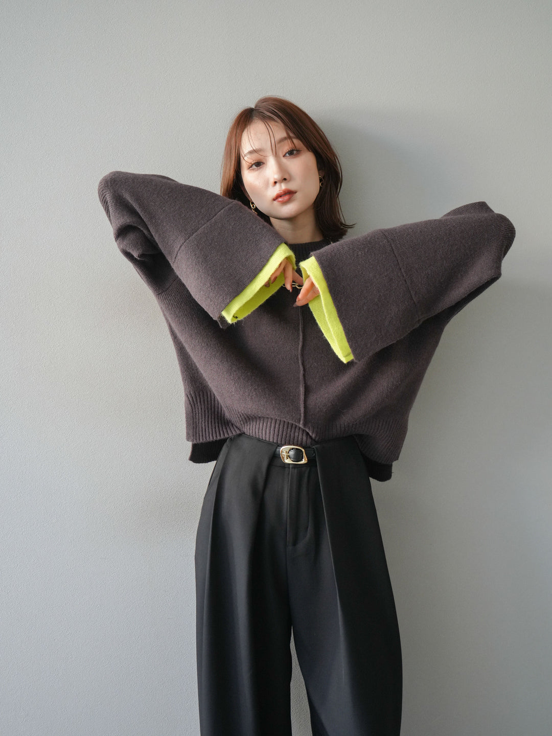 [予約]袖レイヤード配色ニットプルオーバー/brown