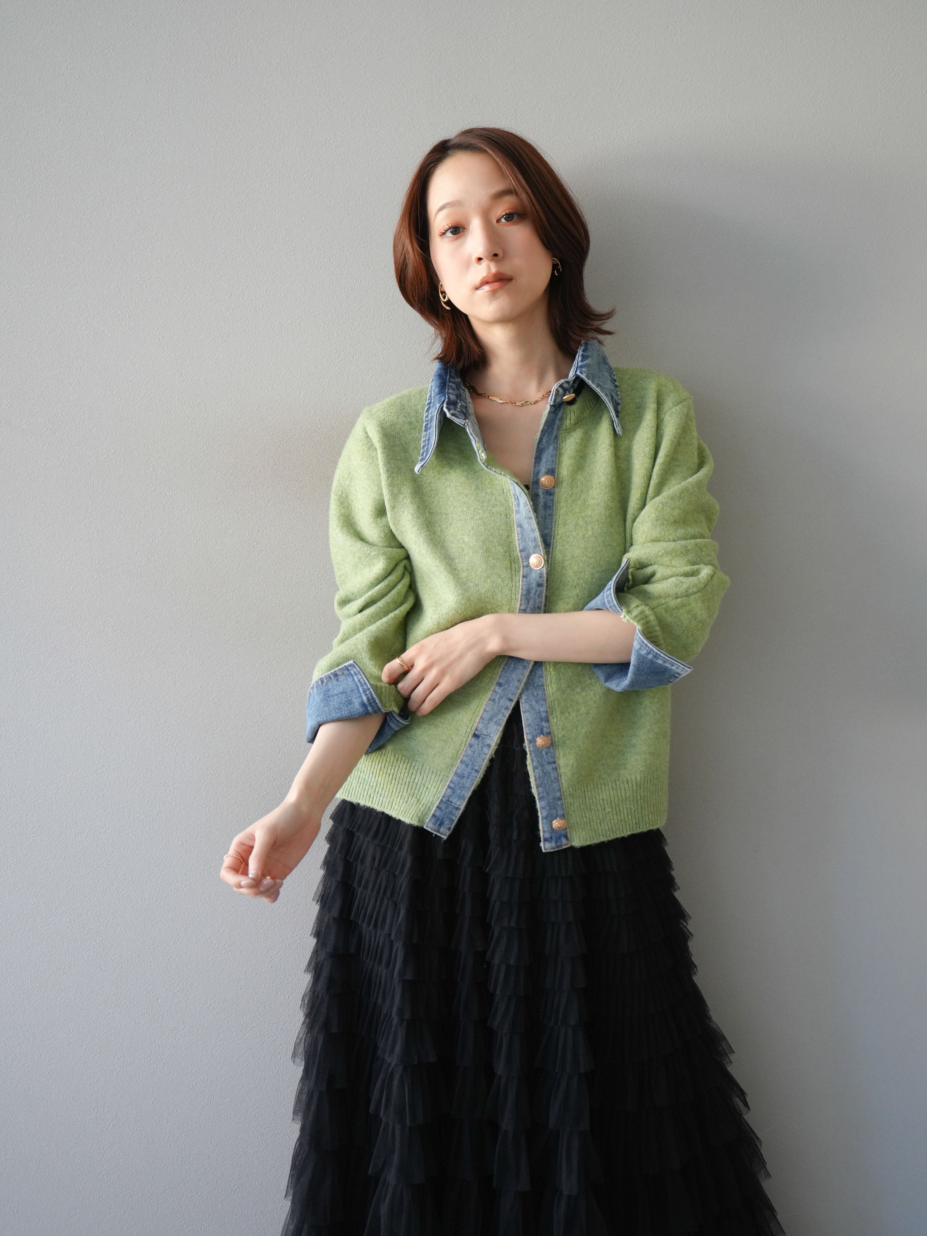 予約]デニム襟ボタンニットカーディガン/pistachio – Lumier