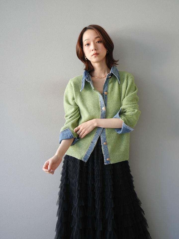 [予約]デニム襟ボタンニットカーディガン/pistachio