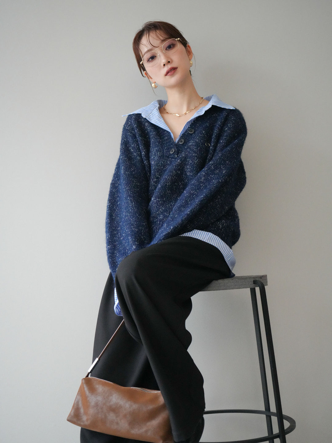 [予約]ストライプシャツドッキングMIXヤーンニットプルオーバー/navy