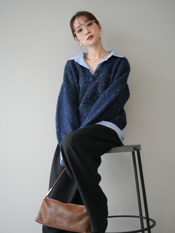 [予約]ストライプシャツドッキングMIXヤーンニットプルオーバー/navy