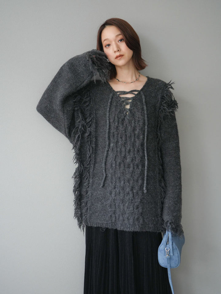 [予約]レースアップフリンジニットプルオーバー/gray