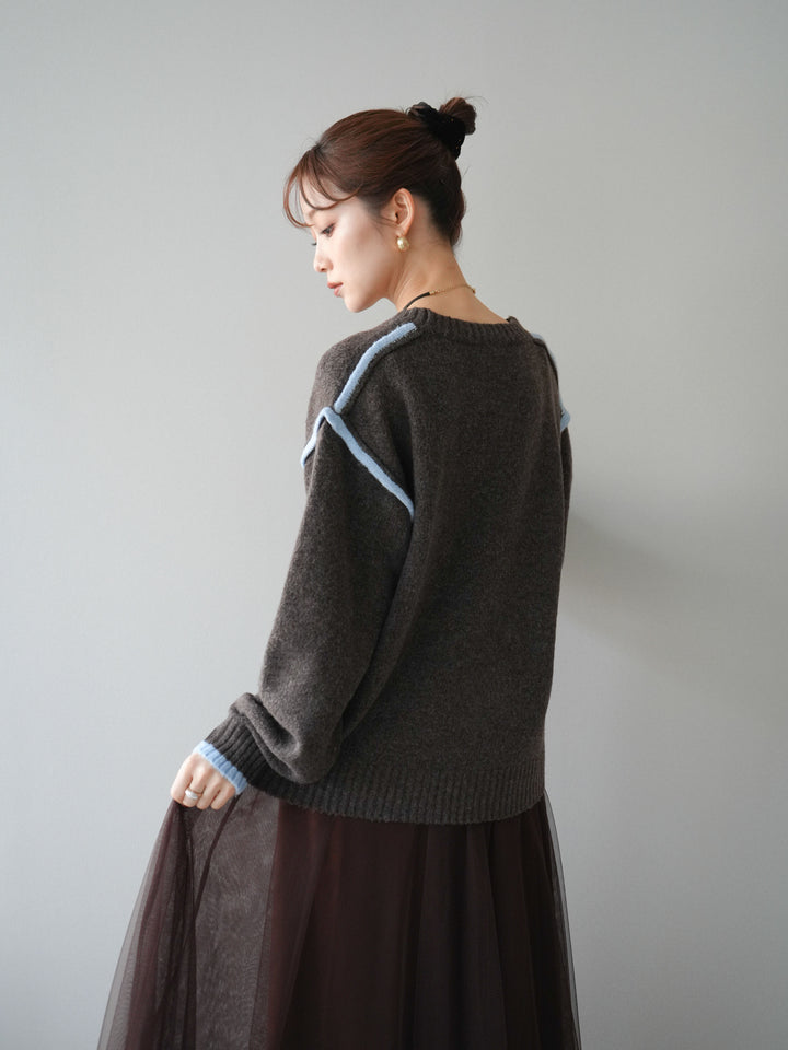 [予約]バイカラーパイピングニットプルオーバー/brown