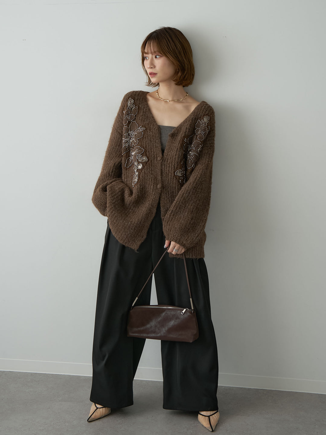 [SET]フローラルビーズニットロングカーディガン+ツイルタックワイドパンツ(2set)