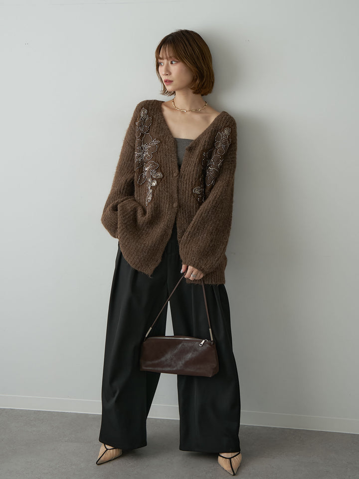 [SET]フローラルビーズニットロングカーディガン+ツイルタックワイドパンツ(2set)