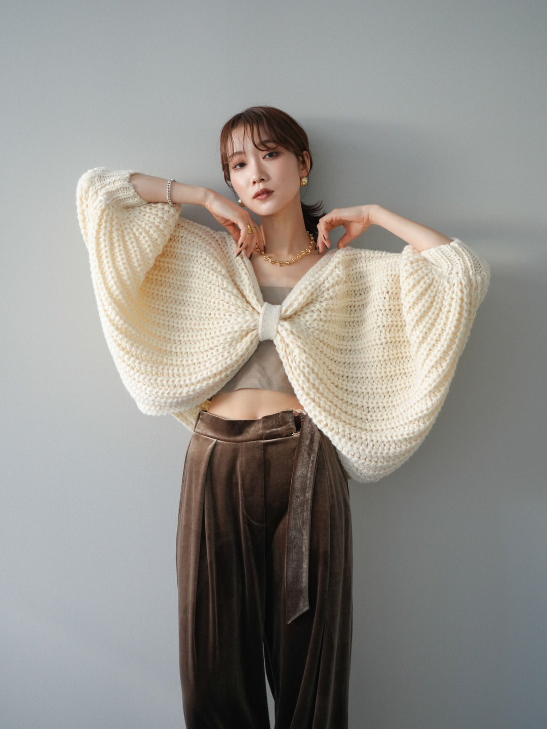 [予約]ローゲージ畦編みドルマンニットボレロ/ivory