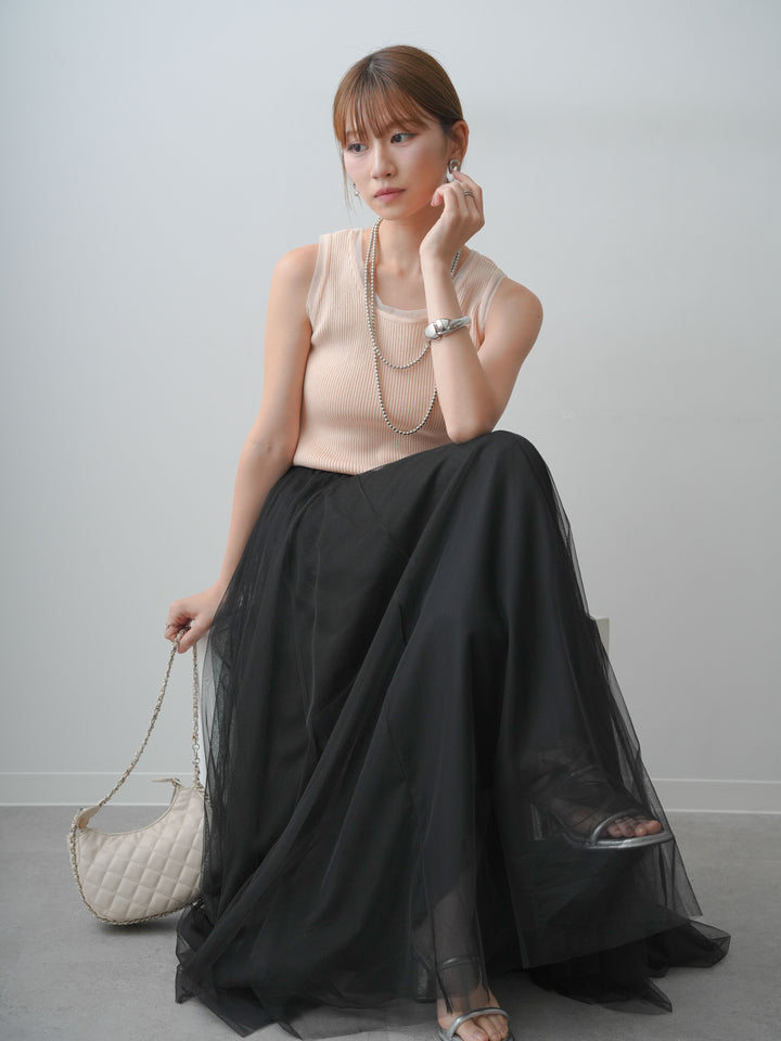 [SET]チュールトリムリブニットタンクトップ+チュールボリュームスカート(2set)