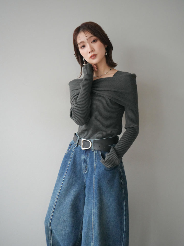 [予約]リボンモチーフオフショルリブニットトップス/gray