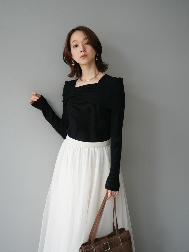 [予約]リボンモチーフオフショルリブニットトップス/black