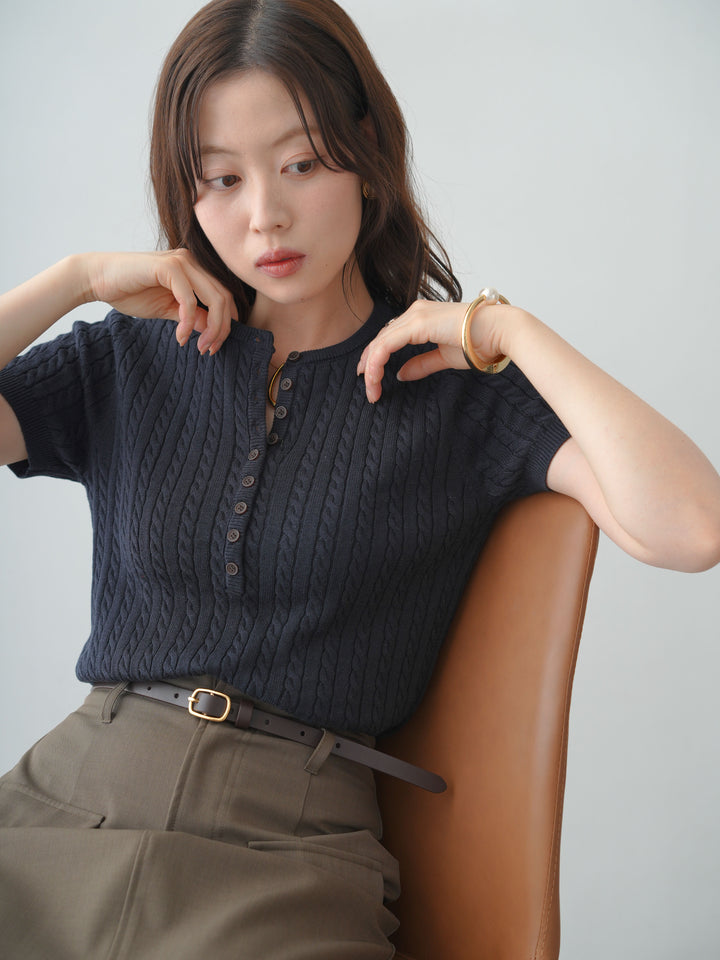 [予約]ヘンリーケーブルハーフニットトップス/blue