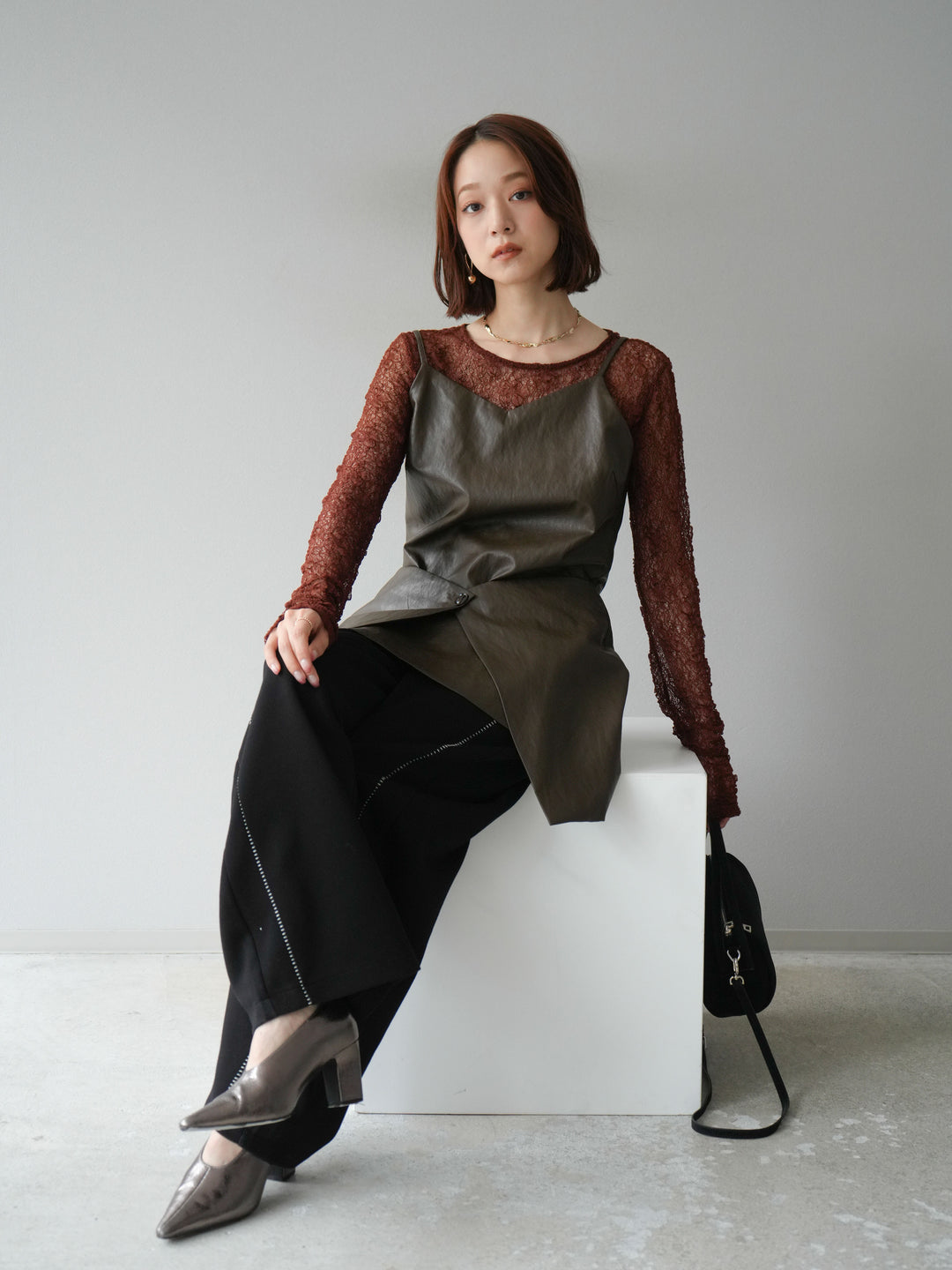 [予約]レイヤードレザーキャミソールチュニック/ブラウン