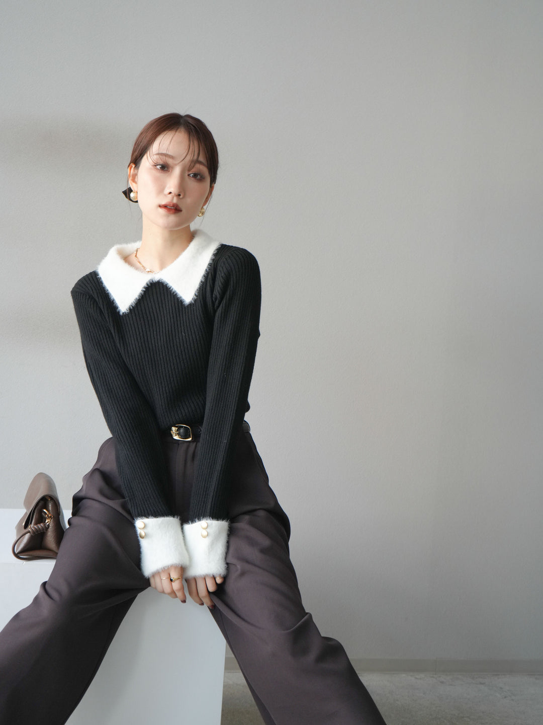 [SET]シャギー襟リブニットトップス+ベルトループデザインワイドパンツ(2set)