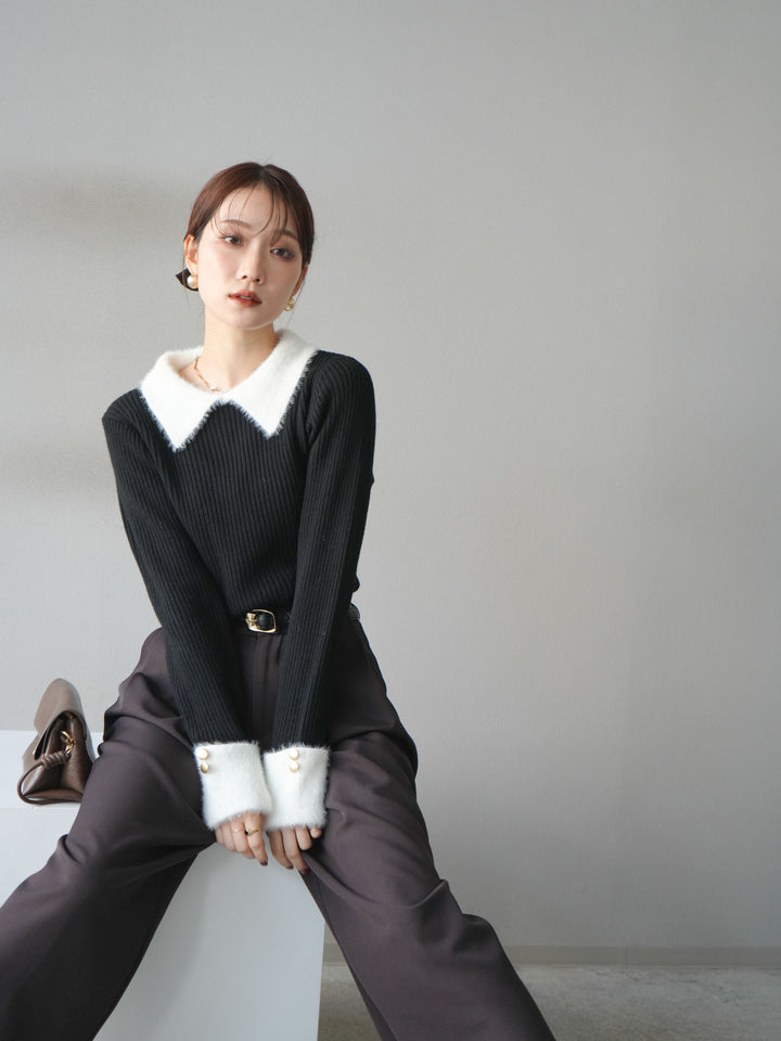 [SET]シャギー襟リブニットトップス+ベルトループデザインワイドパンツ(2set)