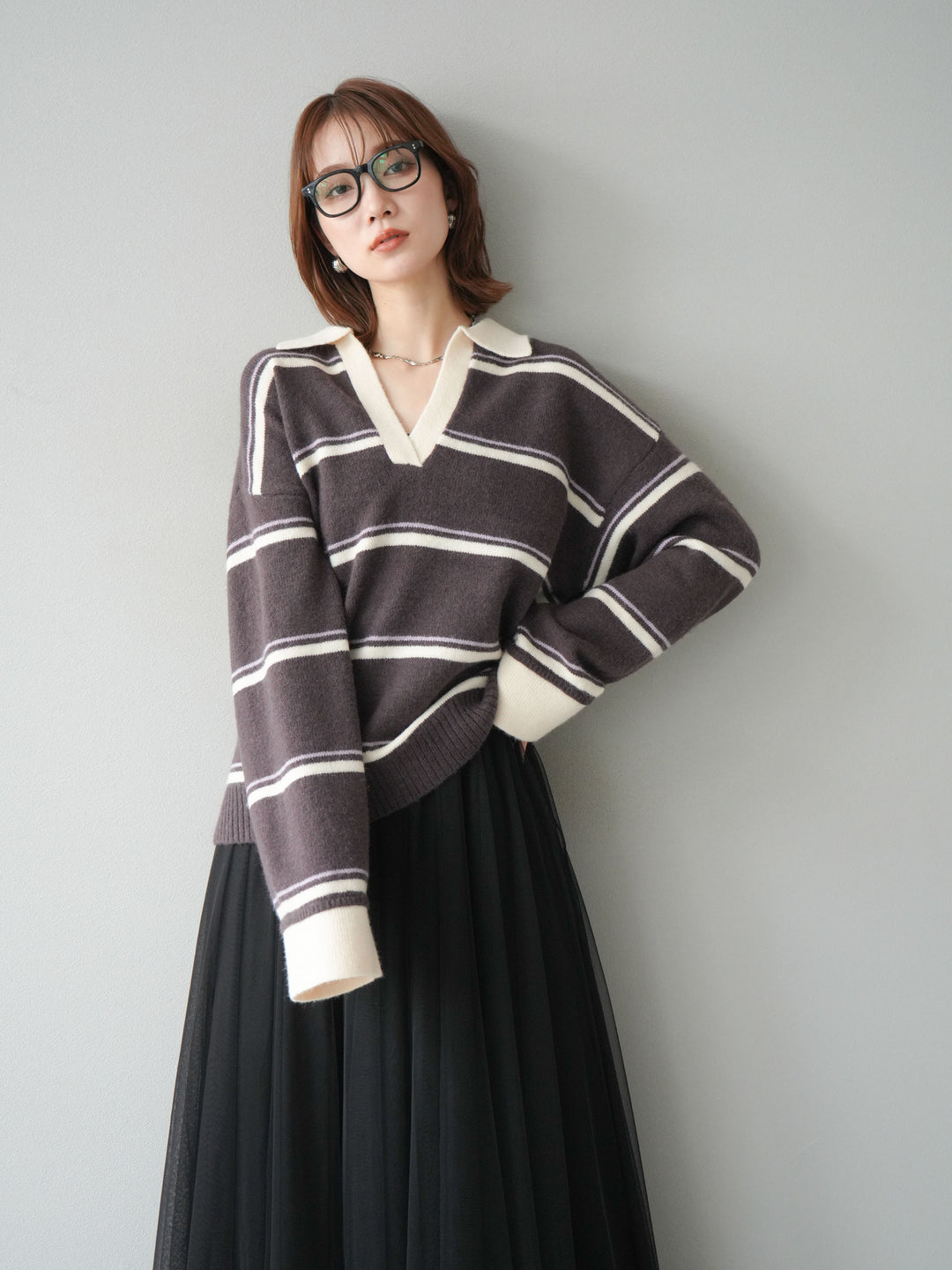 [SET]ポロ襟スキッパーボーダーニットプルオーバー+チュールボリュームスカート(2set)