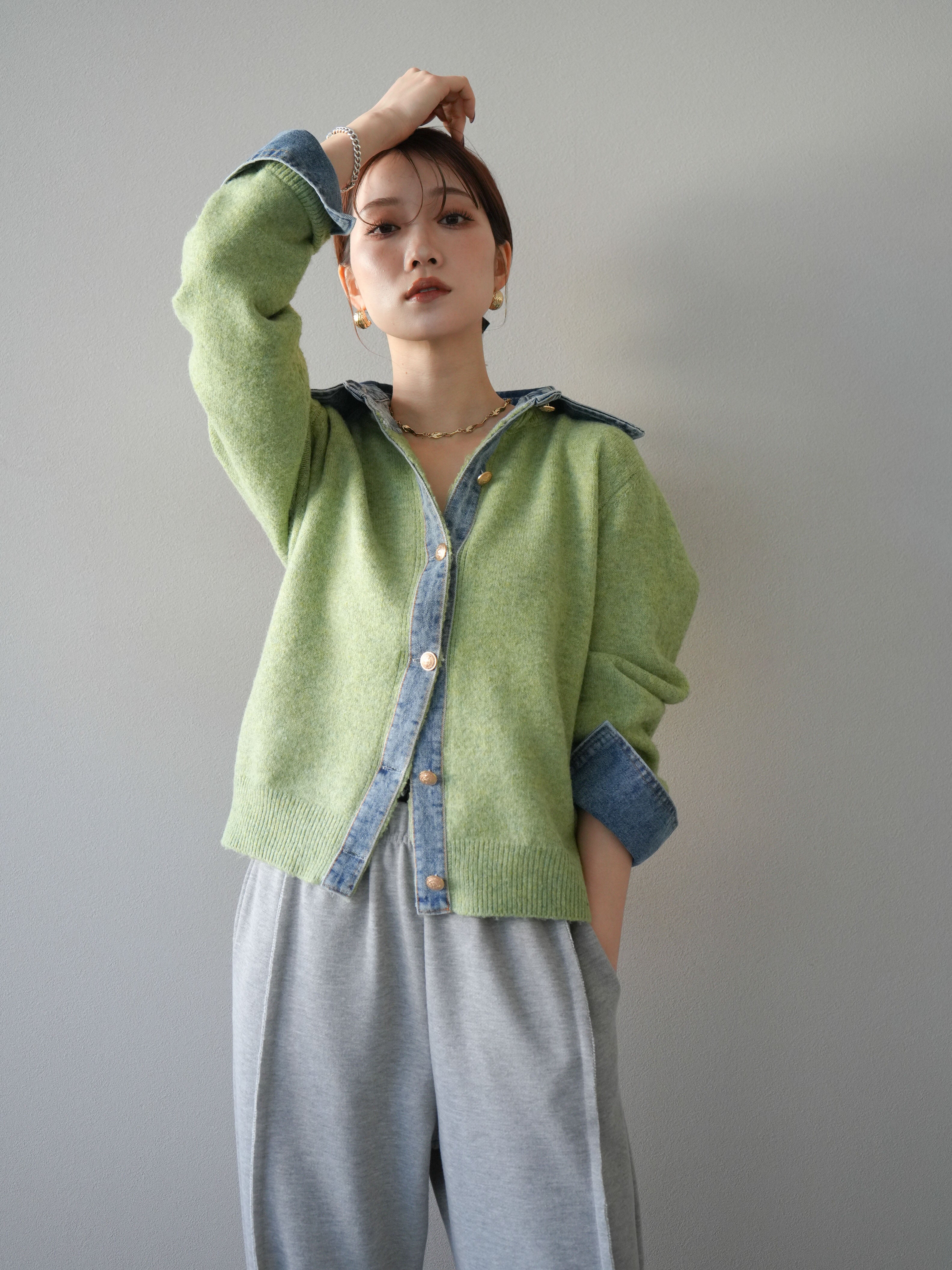 予約]デニム襟ボタンニットカーディガン/pistachio – Lumier