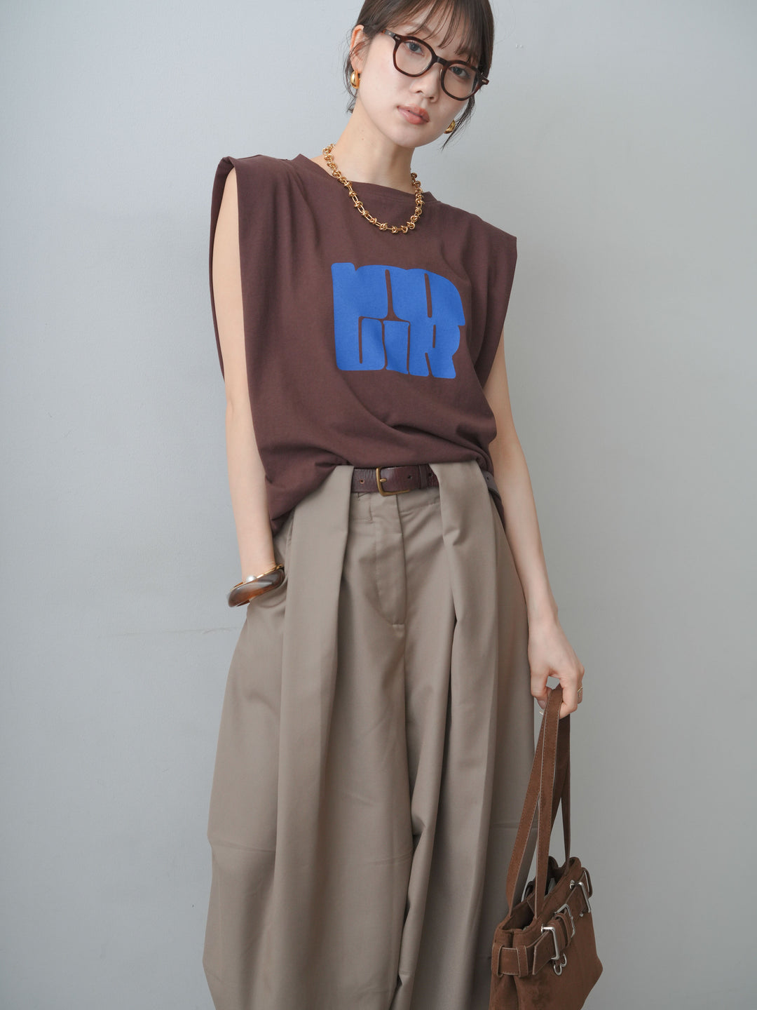 [SET]ワイドネックプリントTEE+ショルダータックノースリーブオーバーTEE(2set)