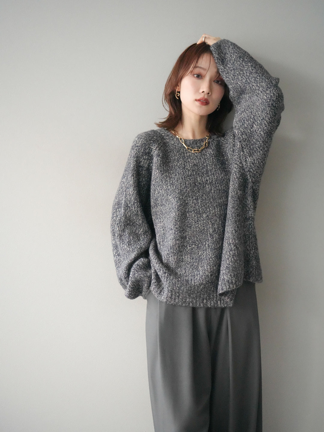 [予約]クルーネック畦編みミックスニット/navy