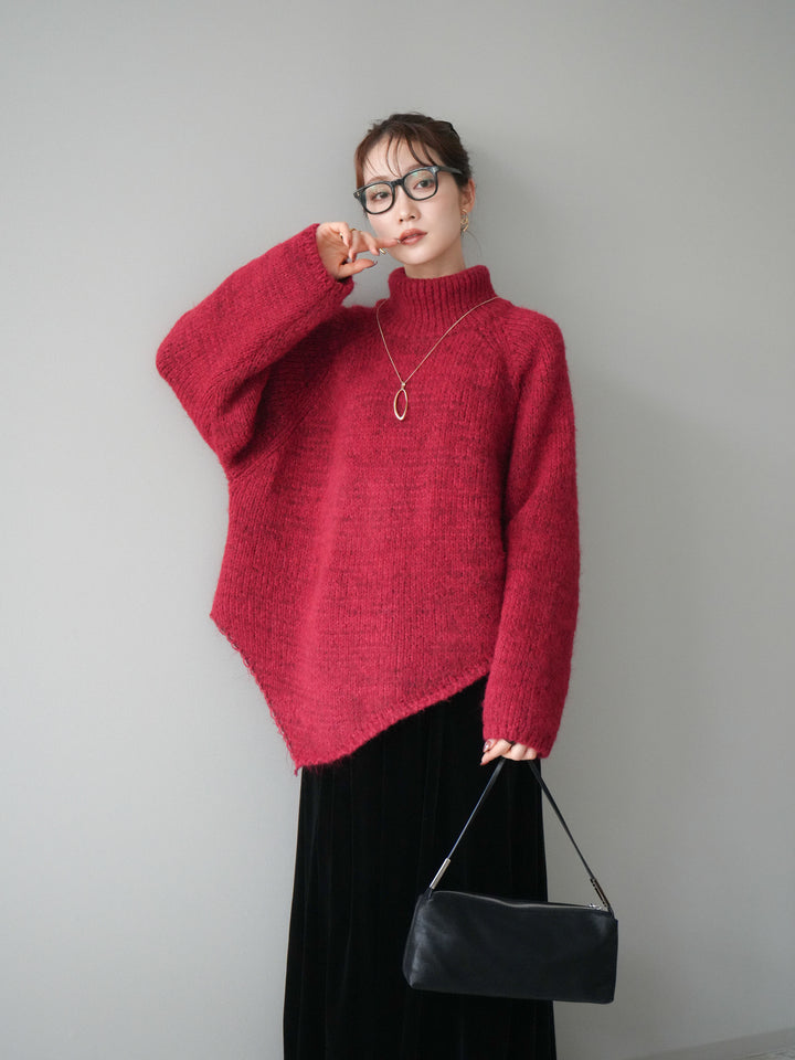 [予約]アシンメトリーハイネックニットプルオーバー/red