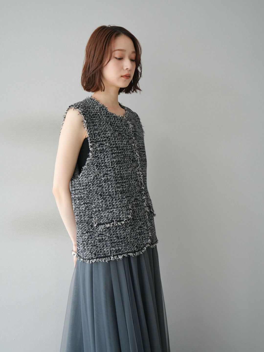 [予約]ミックスツイードフリンジニットベスト/ブラック