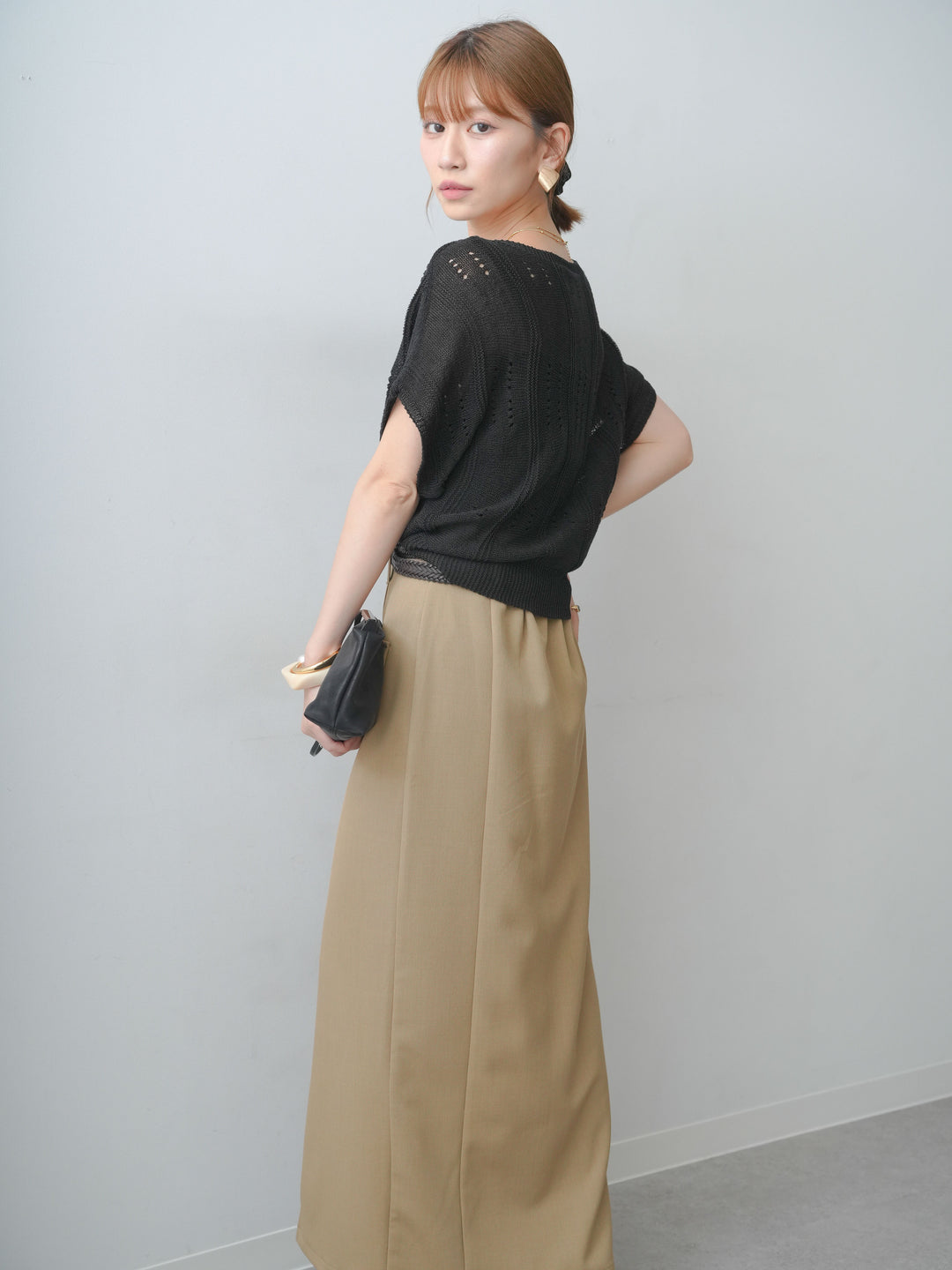 [SET]アイレットサマーニットトップス+クレープデシンフラップ付きストレートスカート(2set)