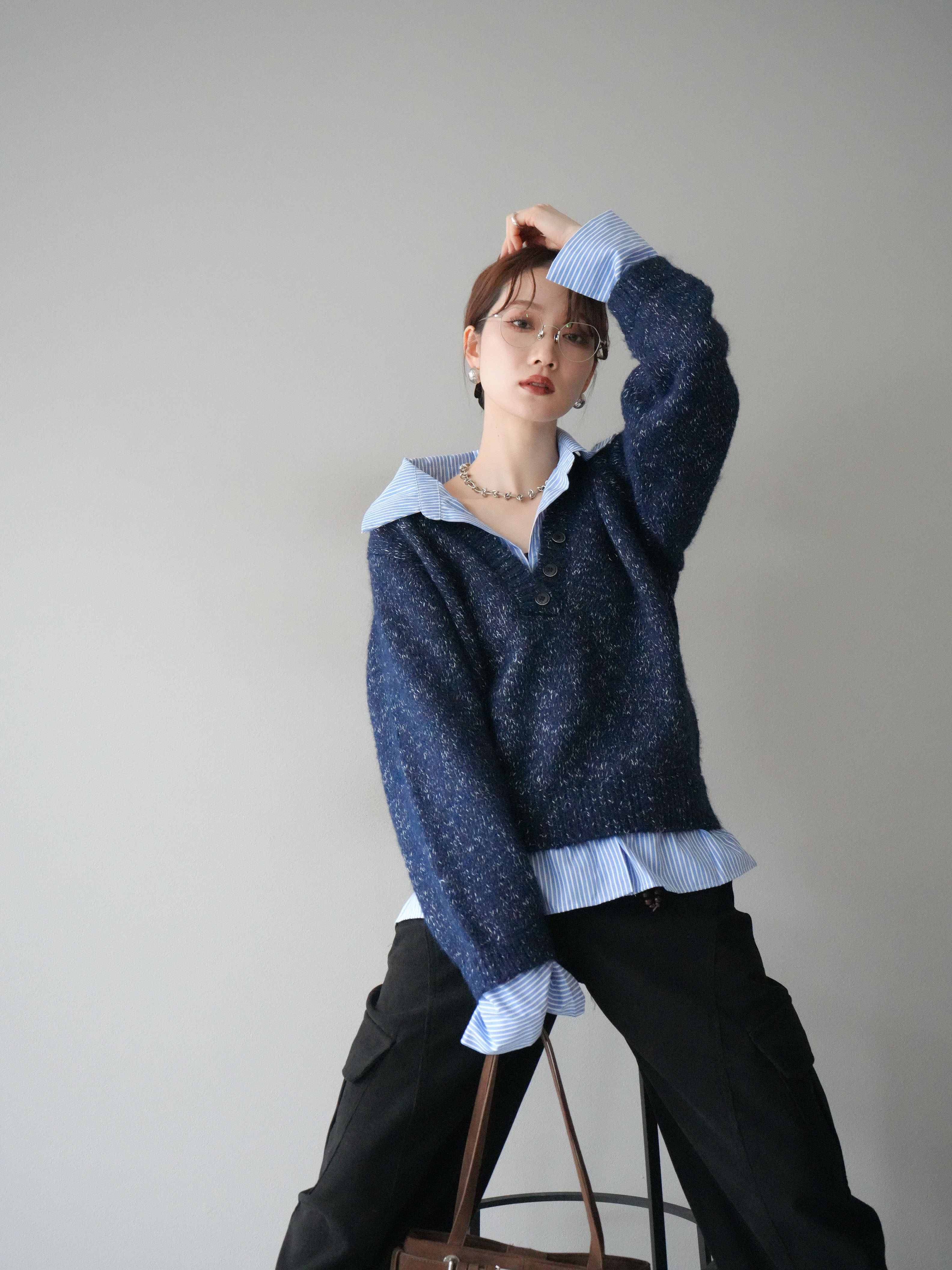 予約]ストライプシャツドッキングMIXヤーンニットプルオーバー/navy