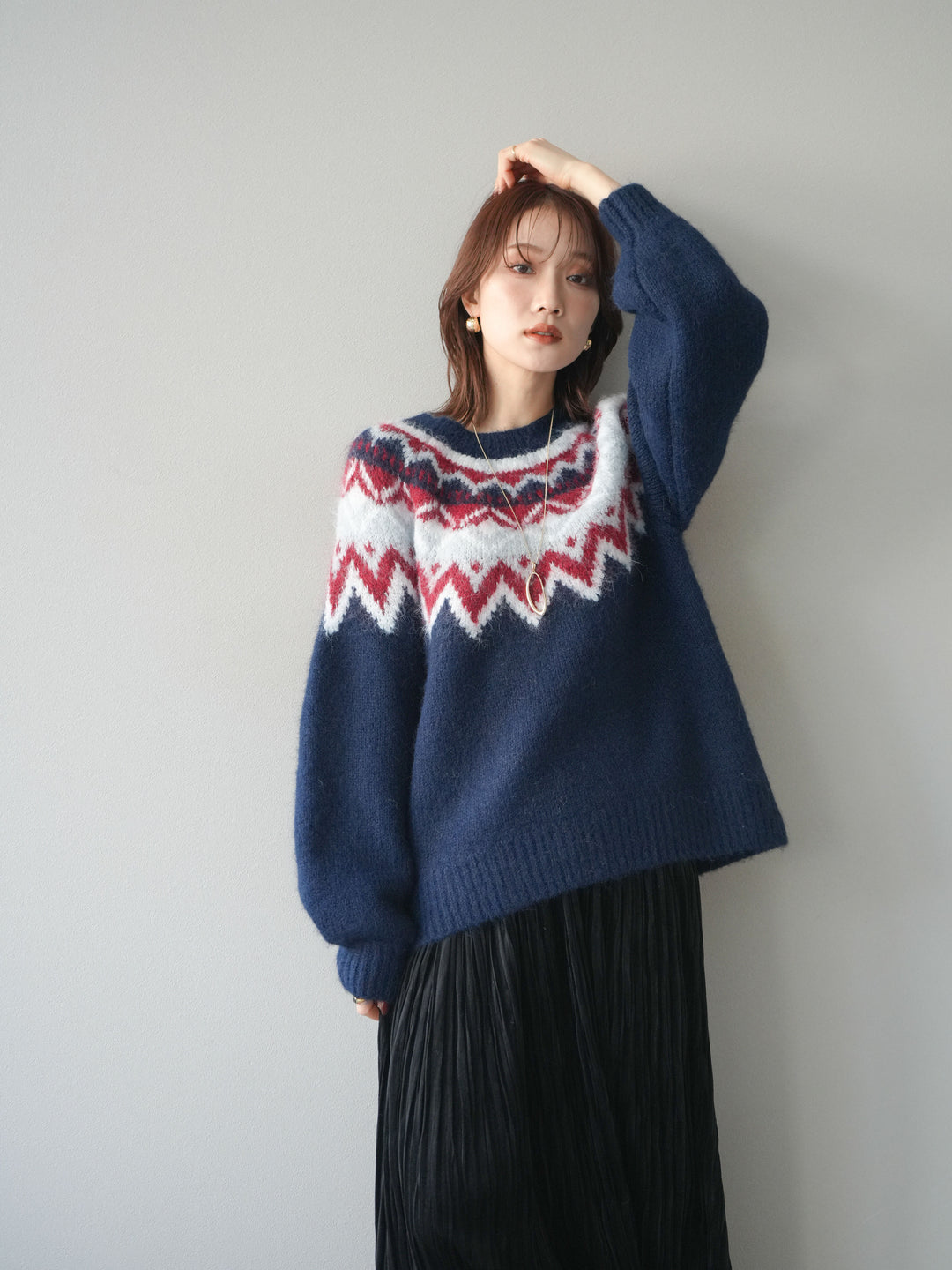 [予約]求心柄オーバーニットプルオーバー/navy